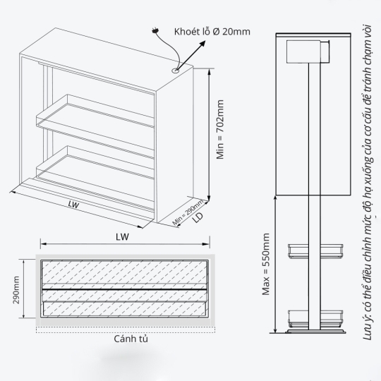 Giá gia vị nâng hạ điện, rổ nhôm, đáy dạng kín GL05.7AT