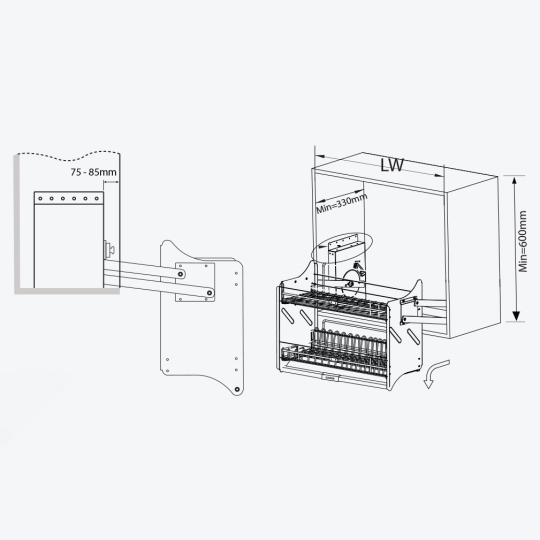 Giá bát đĩa nâng hạ cơ, bằng nhôm màu titan + rổ inox 304 GL06.80AT